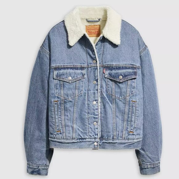 Levi's Jackets & Blazers - Levi's Light Denim Cream Sherpa Trucker Jacket with Button Closure, Size Medium